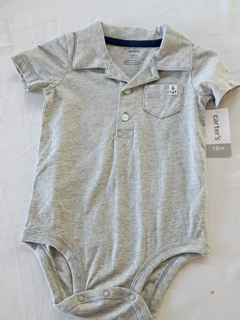 NWT Carter's Heather Gray Polo-Style Baby Bodysuit with Anchor Patch Sz 18 Month